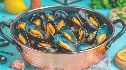 Poster -   A pot overflowing with succulent mussels rests atop a table, alongside a gleaming knife and zesty lemon slices