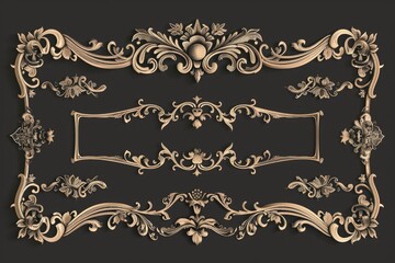 Aufkleber - A collection of decorative gold frames against a dark backdrop, ideal for use in design or photography projects