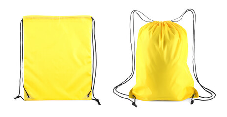 Poster - Collage of empty and filled yellow drawstring bag isolated on white