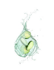 Wall Mural - Cucumber slices and splashing water in air on white background