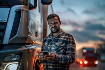 Poster - A person examines their mobile device near a vehicle, possibly checking messages or navigating