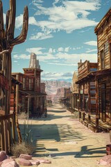 Aufkleber - A small desert town with a lone cactus tree standing tall on the main road