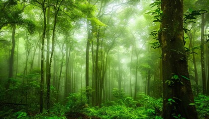 Wall Mural - Enchanted forest with majestic mist and magical glow photography, perfect for nature artwork