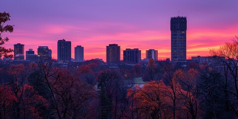 Wall Mural - Beautiful Urban Skyline at Sunset with Vibrant Purple, Pink and Orange Sky and Silhouetted Buildings Surrounded by Trees