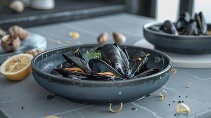 Sticker -   A macro shot of a steaming dish of mussels with a lemon and garlic garnish arranged elegantly on a white plate