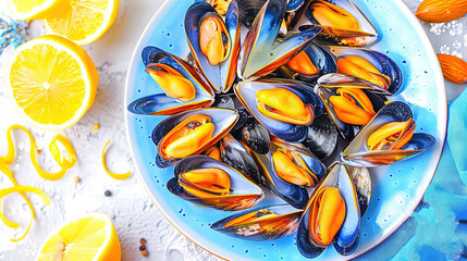 Wall Mural -   A blue plate is filled with mussels and accompanied by sliced lemons and a blue napkin on a white table