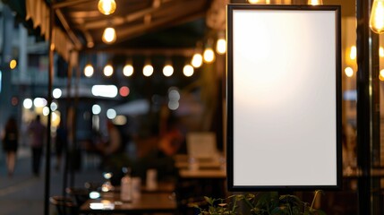 Poster - Black-framed white poster in front of blurred cafe background for product promotion concept