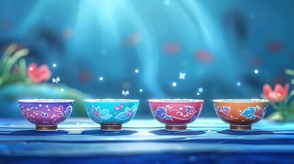 Poster -   Three bowls with vibrant colors sit atop a blue table, alongside a plant with flowers in a vase