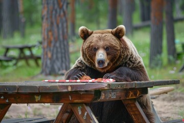 hungry bear. grizzly brown bear licking table at camp picnic