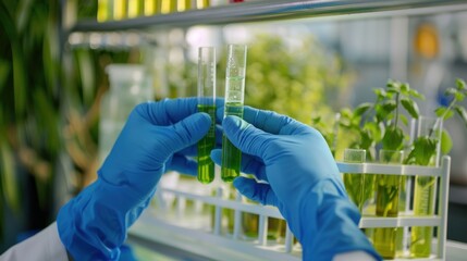 Leinwandbilder - A scientist in a laboratory examines samples of green liquid in test tubes