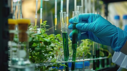 Poster - A gloved hand holds two test tubes filled with green liquid surrounded by lush greenery
