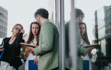 Three business professionals engaged in an in-depth discussion outside, reflecting on a glass building with serious expressions.