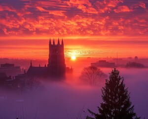 Wall Mural - Stunning Sunrise over Foggy Town with a Majestic Cathedral Silhouette and Vibrant Colors Illuminating the Sky and Clouds