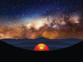 Sticker - Orange tent at starry night. Camping in mountains. Milky Way in sky