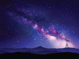 Telescope on tripod. Stargazing in mountains. Milky Way in starry sky