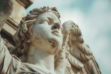Poster - A detailed view of an angel's face from a statue, suitable for use in artistic or inspirational contexts