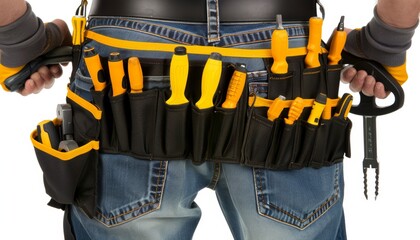 Detailed photography of a professional handyman with a tool belt for a relevant search result