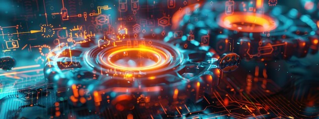 Poster - Futuristic circuit board with glowing orange gears and binary codes