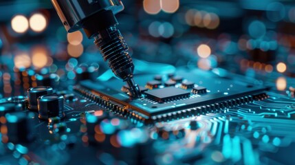 Poster - A close up of a robotic arm installing a processor chip onto a circuit board