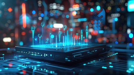 Poster - A futuristic server displaying holographic data visualizations in a neon blue hue