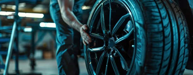 Poster - A closeup view of a mechanics hand resting on a black car wheel