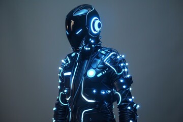 Poster - Humanoid robot with glowing blue neon lights against a dark background