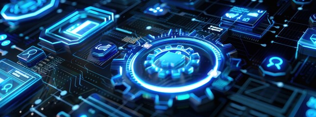 Poster - Futuristic Circuit Board with Glowing Gear
