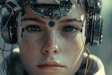 Poster - Closeup shot of a female cyborg's face with advanced technology and robotic features