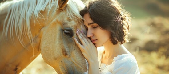 Poster - A woman tenderly stroking the face of a horse in a field