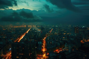 Poster - Urban landscape with skyscrapers and city lights, taken from a rooftop perspective