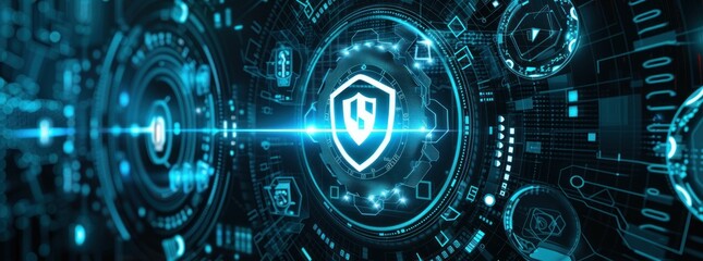Poster - Glowing blue circuit board with security shield icon representing digital protection