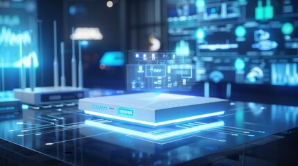 Poster - A futuristic router with glowing blue lights sits on a glass table with digital data flowing around it