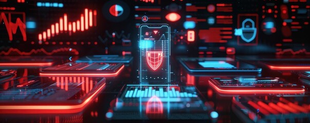 Poster - Futuristic smartphone security system with biometric data protection