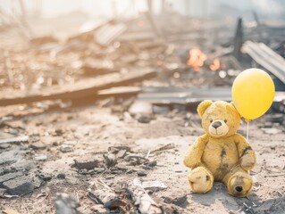 Wall Mural - Teddy bear amongst city ruins symbolizes hope in the midst of post war devastation and destruction