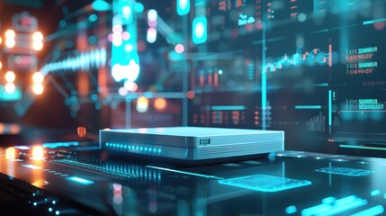 Poster - A futuristic device sits on a glowing blue surface with data visualizations in the background