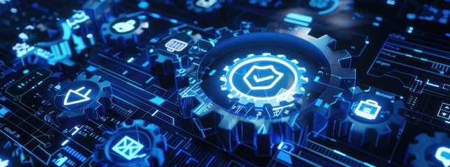 Poster - Glowing blue circuit board with security shield