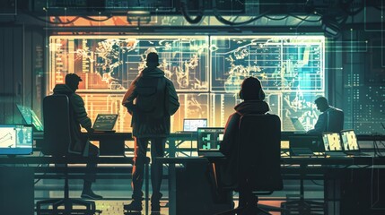 Poster - A group of individuals monitor a digital map of the world in a dimly lit room