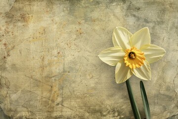 Sticker - Delicate daffodil lies against a textured vintage backdrop with ample copy space