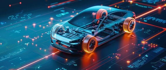 Poster - Futuristic automobile with transparent bodywork over glowing orange wheels on a circuit board background