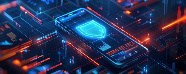 Poster - A glowing blue shield icon displayed on a smartphone screen within a futuristic digital landscape