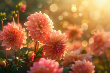 Sticker - Warm sunset light bathing a garden of pink dahlia flowers, creating a magical bokeh effect