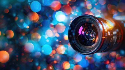 Aufkleber - A closeup photograph of a camera lens with a bokeh background of colorful circles