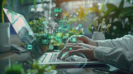 Poster - A person typing on a laptop with a futuristic green interface overlay