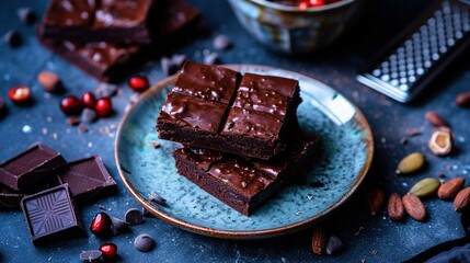 Poster -   A blue plate holds brownie pieces, almonds, and coffee