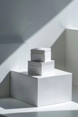 Poster - Stacked white boxes stored on a table, great for office or home use