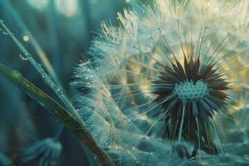 Sticker - Closeup of dewkissed dandelion seeds glistening in the soft morning light