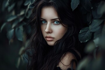 Poster - Captivating and enigmatic beauty of a young adult female model with intense blue eyes and dark hair