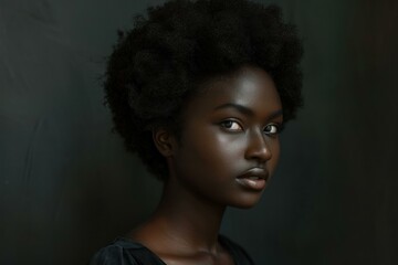 Canvas Print - Portrait of a serene african woman with a voluminous afro on a dark background