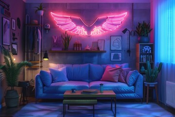 Poster - Cozy living room with a couch and neon sign, perfect for interior design or lifestyle photography