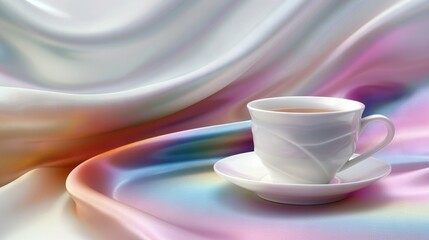 Poster -   A cup of coffee on a saucer atop a white tablecloth